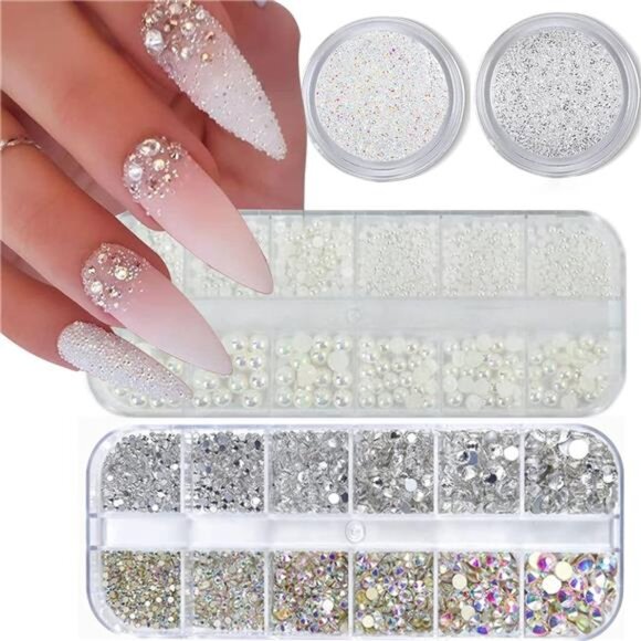 4 Boxes Flatback Rhinestones and Pearls Nail Charms for Acrylics - Crystals - Picture 1 of 8